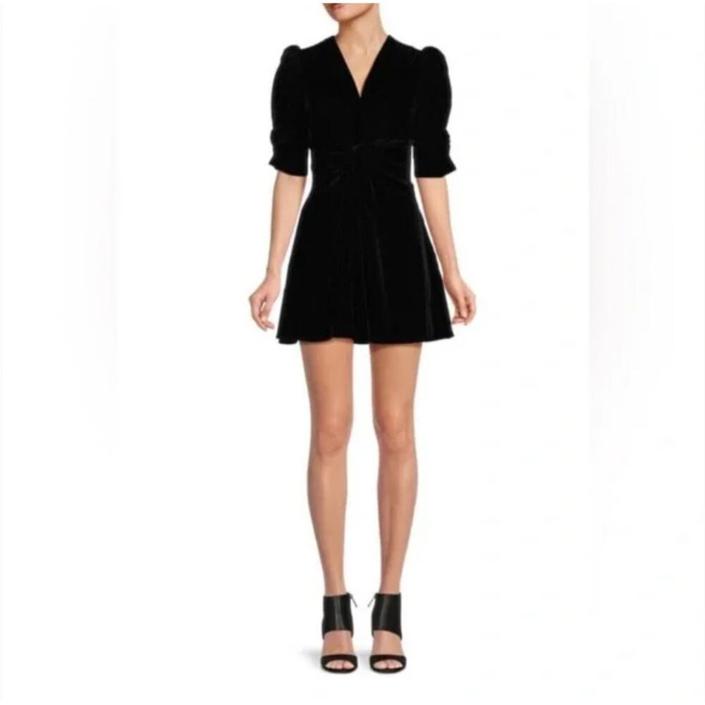 Rhode Leanna Black Velvet Mini Dress Small Puff Sleeve V-Neck Fit & Flare Party